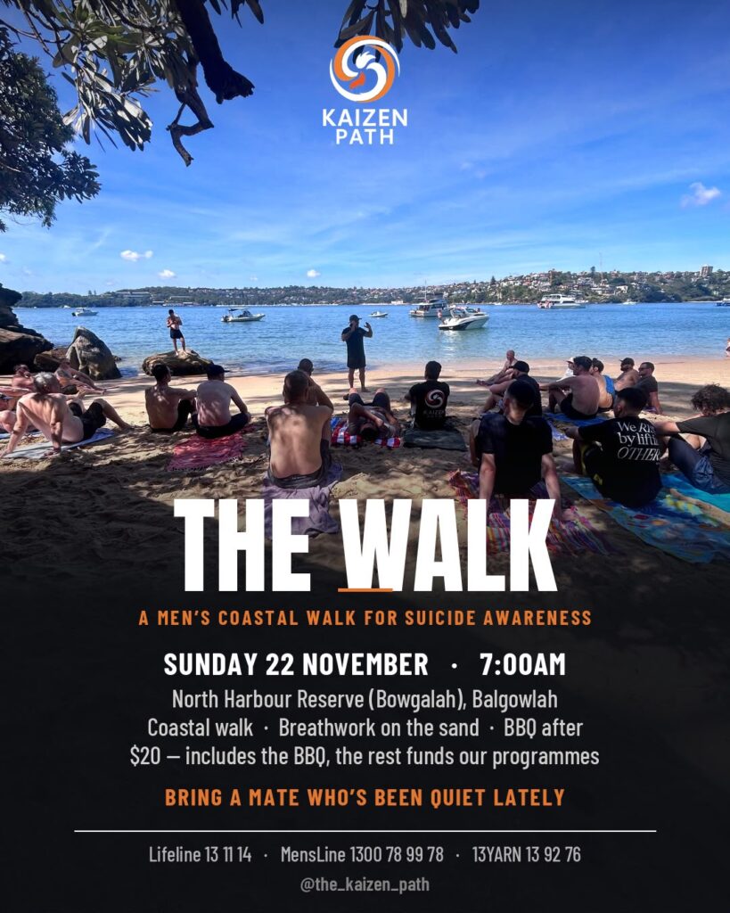 Poster for The Walk, a coastal walk for men hosted by Kaizen Path