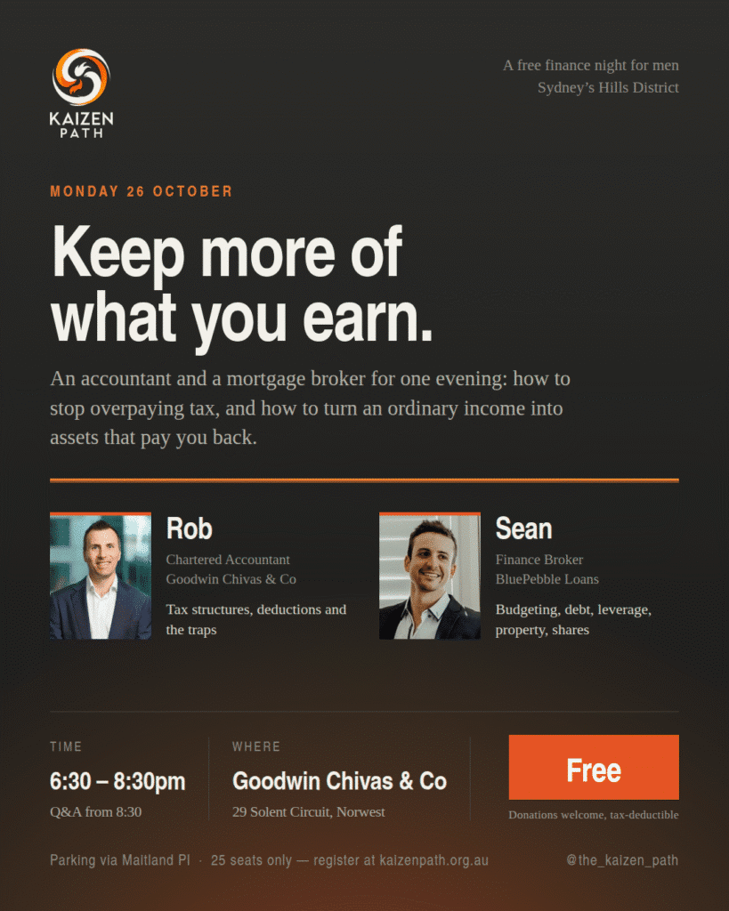 Poster for Keep more of what you earn, a free Kaizen Path finance night with chartered accountant Rob and finance broker Sean, Monday 26 October 2026, 6:30 to 8:30pm at Goodwin Chivas and Co, Norwest.